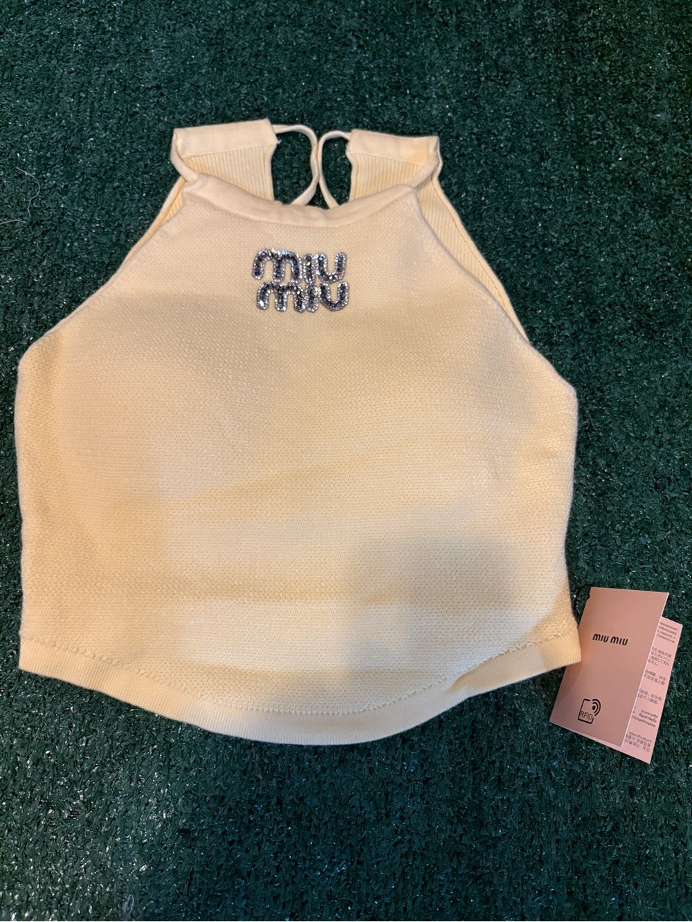 Miu Miu Cream Halter Knit Camisole with Jeweled Logo SIZE S